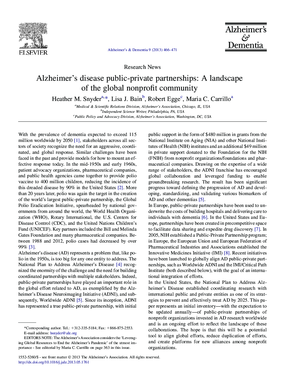 Alzheimer's disease public-private partnerships: A landscape of the global nonprofit community