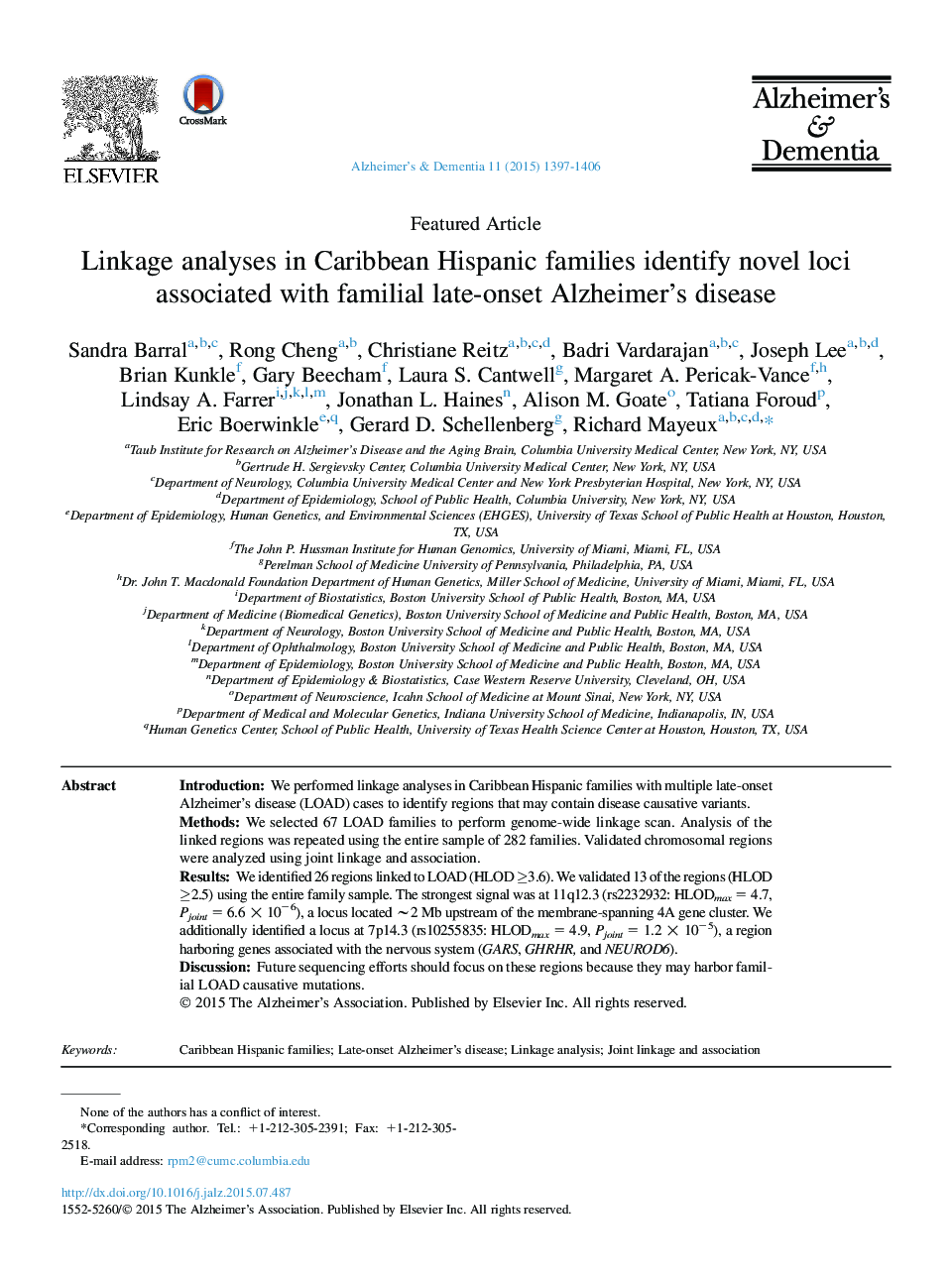 Featured ArticleLinkage analyses in Caribbean Hispanic families identify novel loci associated with familial late-onset Alzheimer's disease