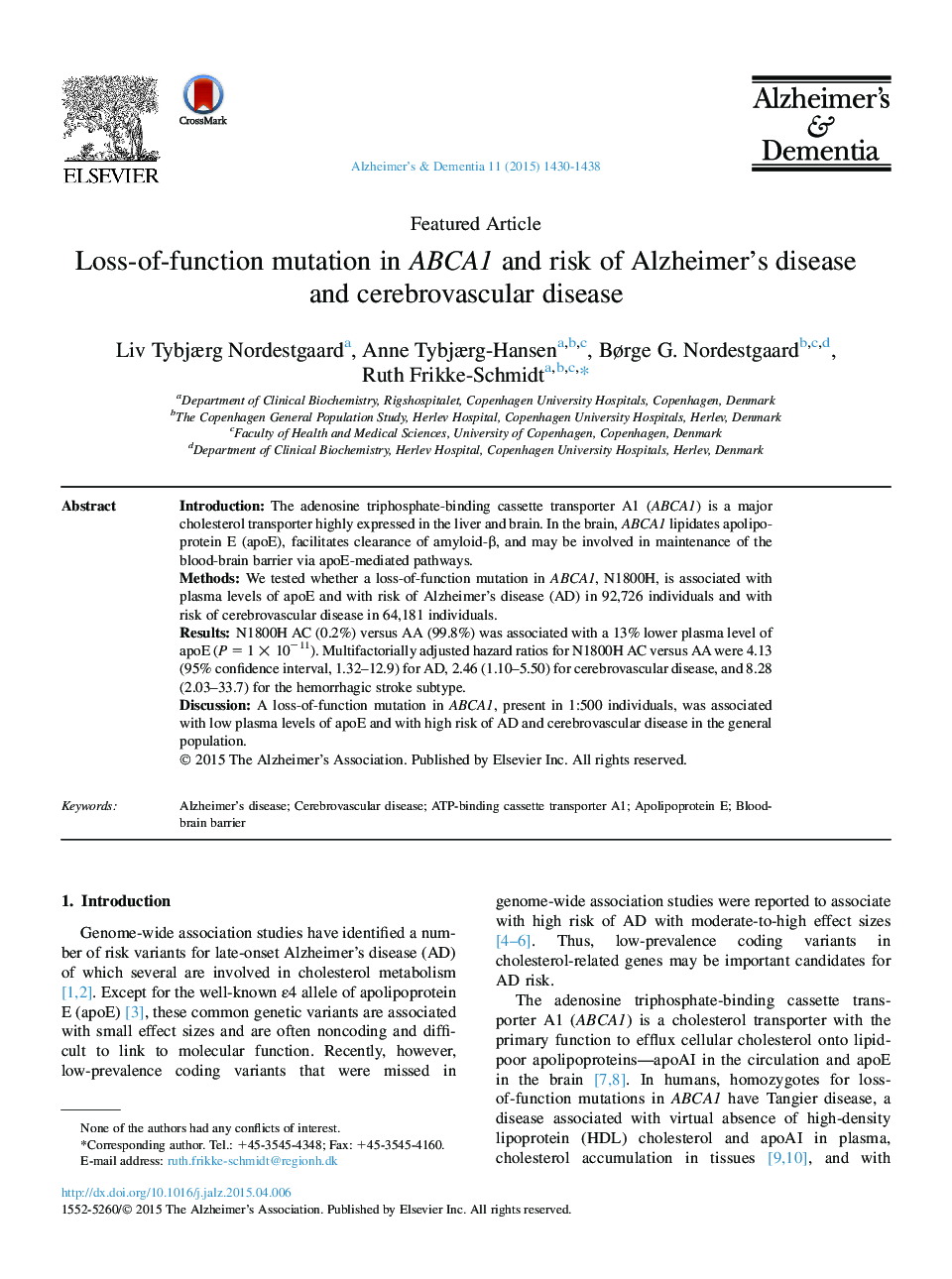 Featured ArticleLoss-of-function mutation in ABCA1 and risk of Alzheimer's disease andÂ cerebrovascular disease