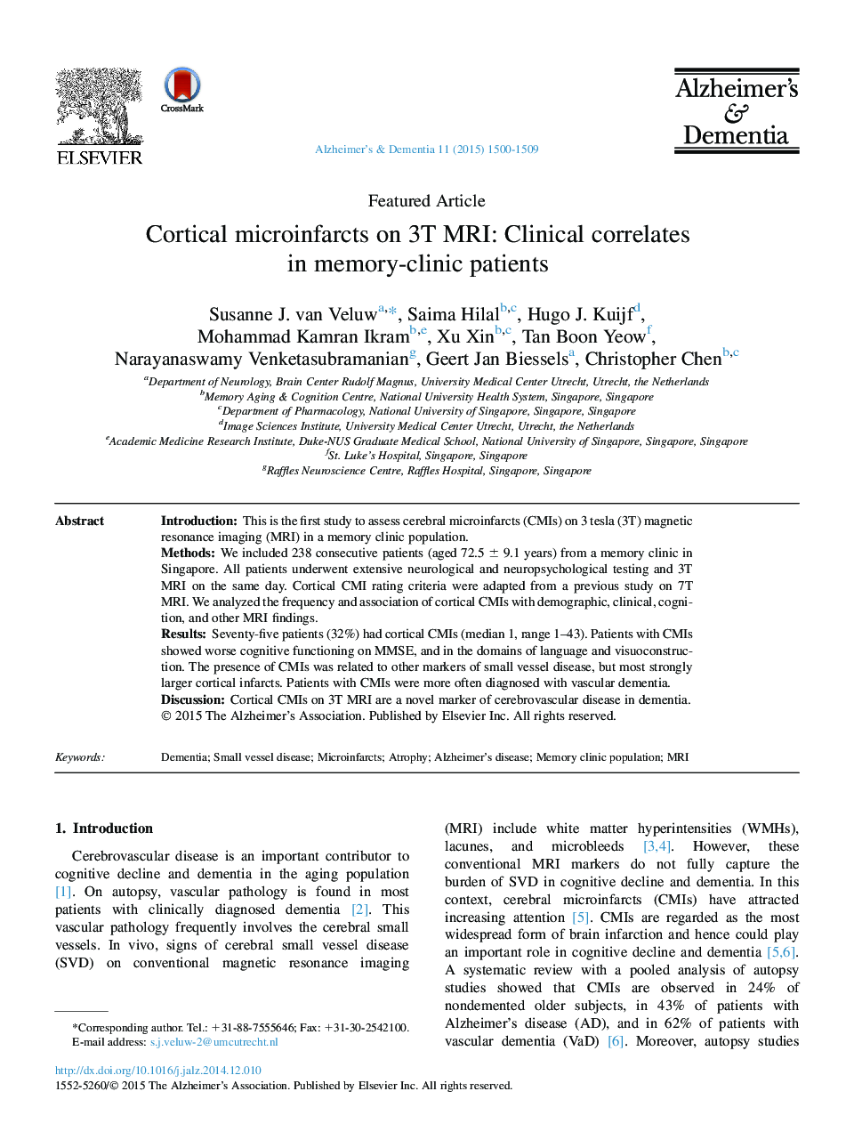 Featured ArticleCortical microinfarcts on 3T MRI: Clinical correlates inÂ memory-clinicÂ patients