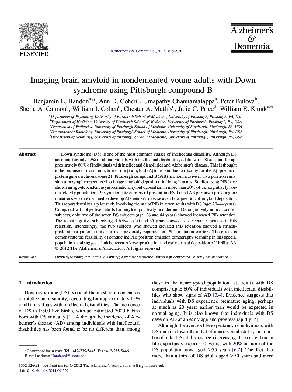 Featured ArticleImaging brain amyloid in nondemented young adults with Down syndrome using Pittsburgh compound B