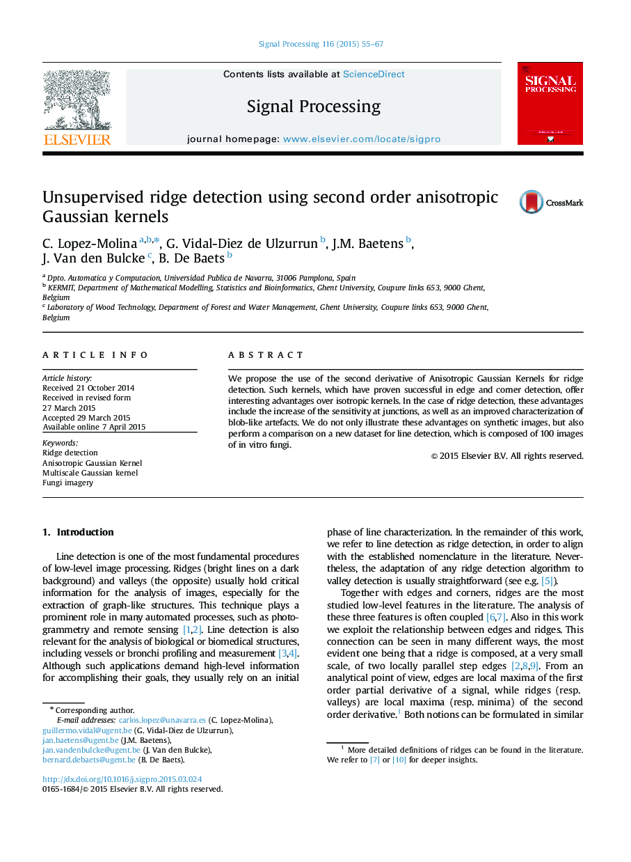 Unsupervised ridge detection using second order anisotropic Gaussian kernels