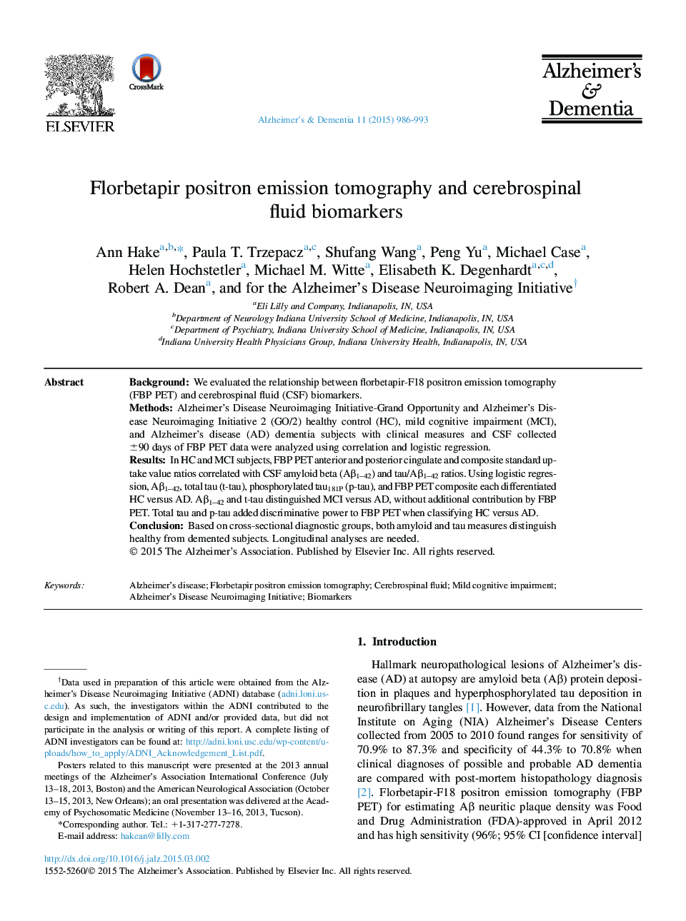 Featured ArticleFlorbetapir positron emission tomography and cerebrospinal fluidÂ biomarkers