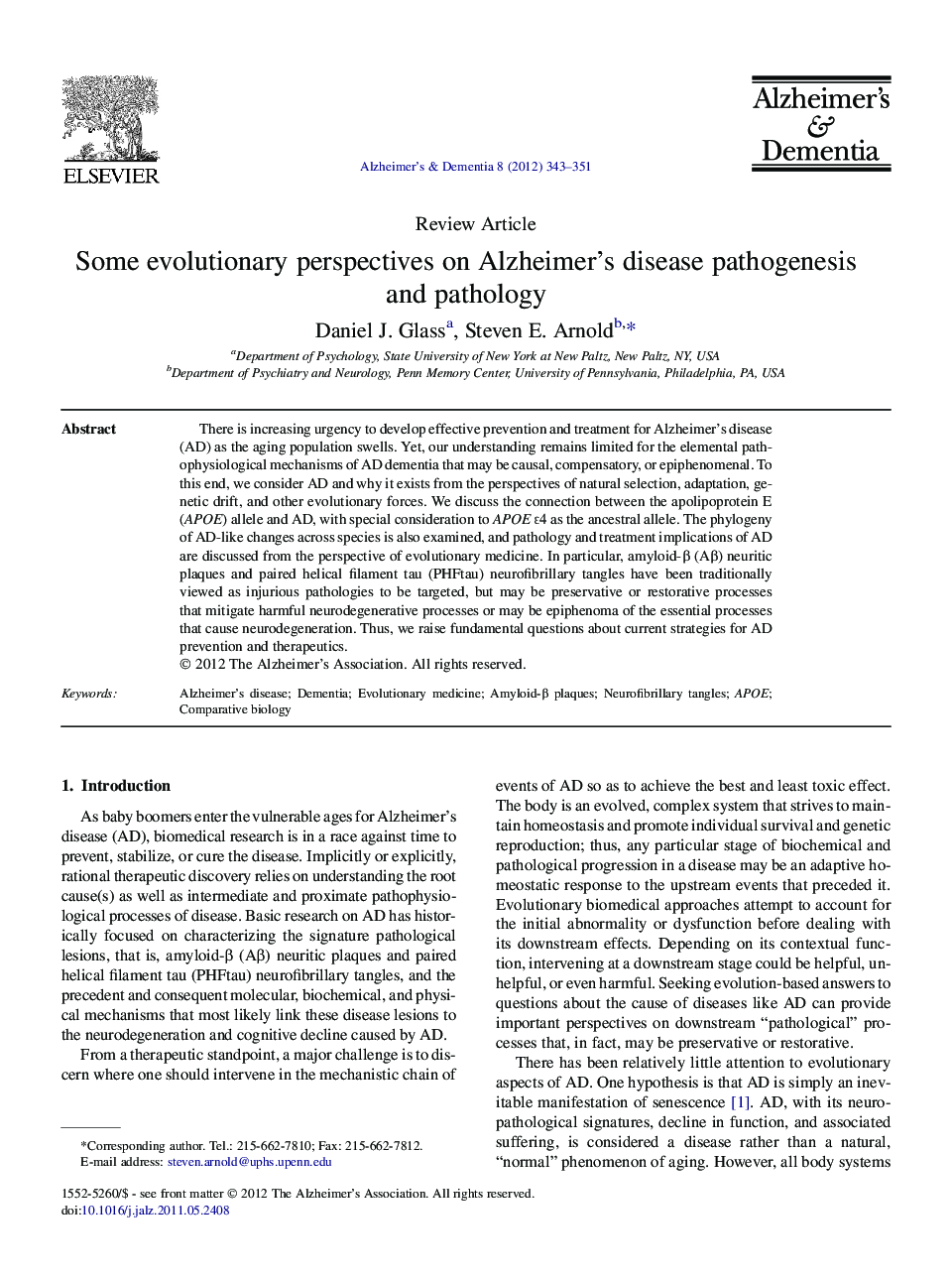 Review ArticleSome evolutionary perspectives on Alzheimer's disease pathogenesis and pathology