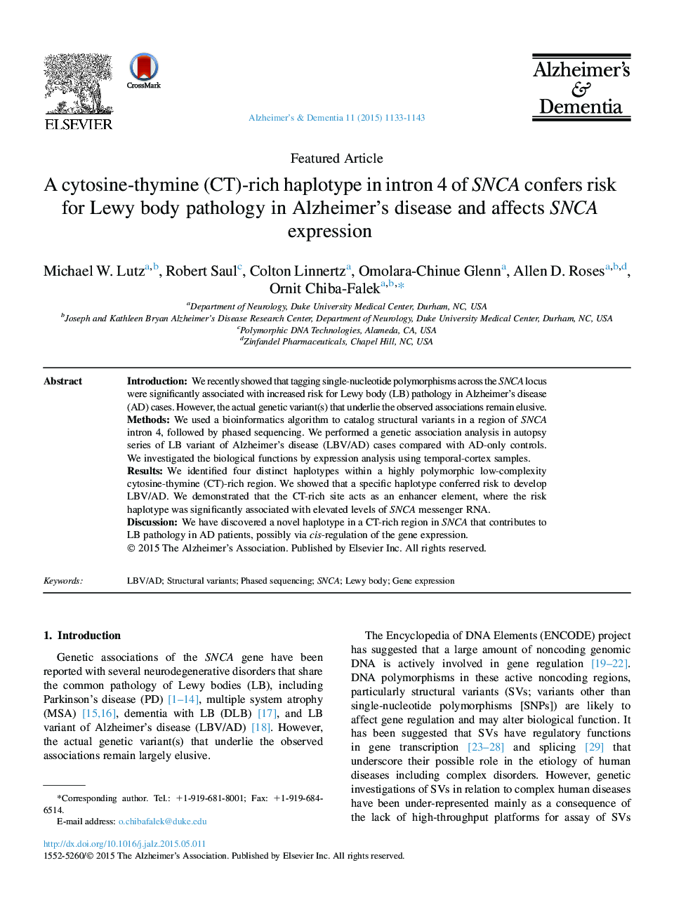 Featured ArticleA cytosine-thymine (CT)-rich haplotype in intron 4 of SNCA confers risk for Lewy body pathology in Alzheimer's disease and affects SNCA expression