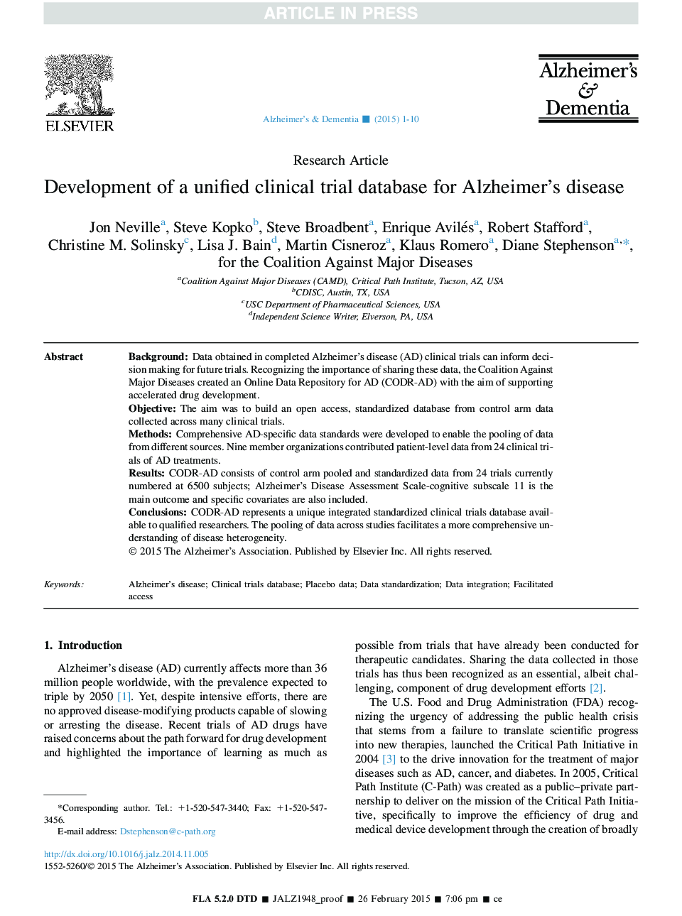 Development of a unified clinical trial database for Alzheimer's disease