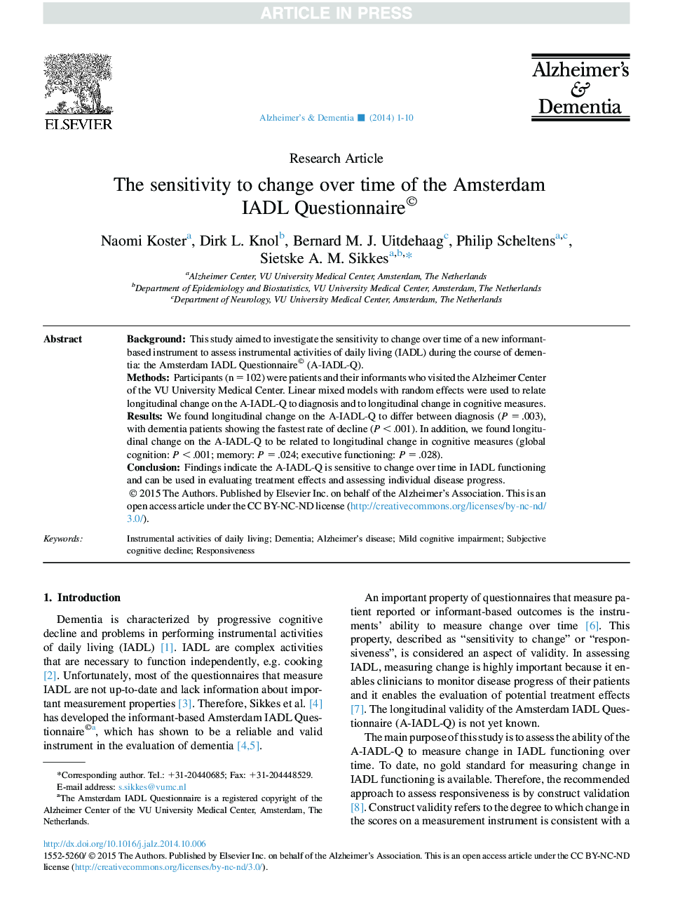 The sensitivity to change over time of the Amsterdam IADL Questionnaire©