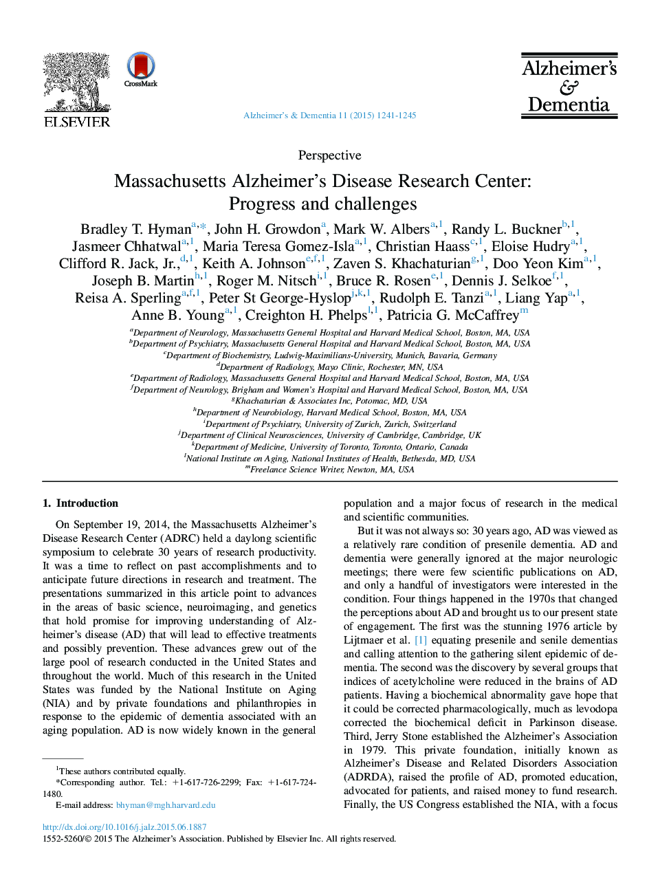 Massachusetts Alzheimer's Disease Research Center: Progress and challenges