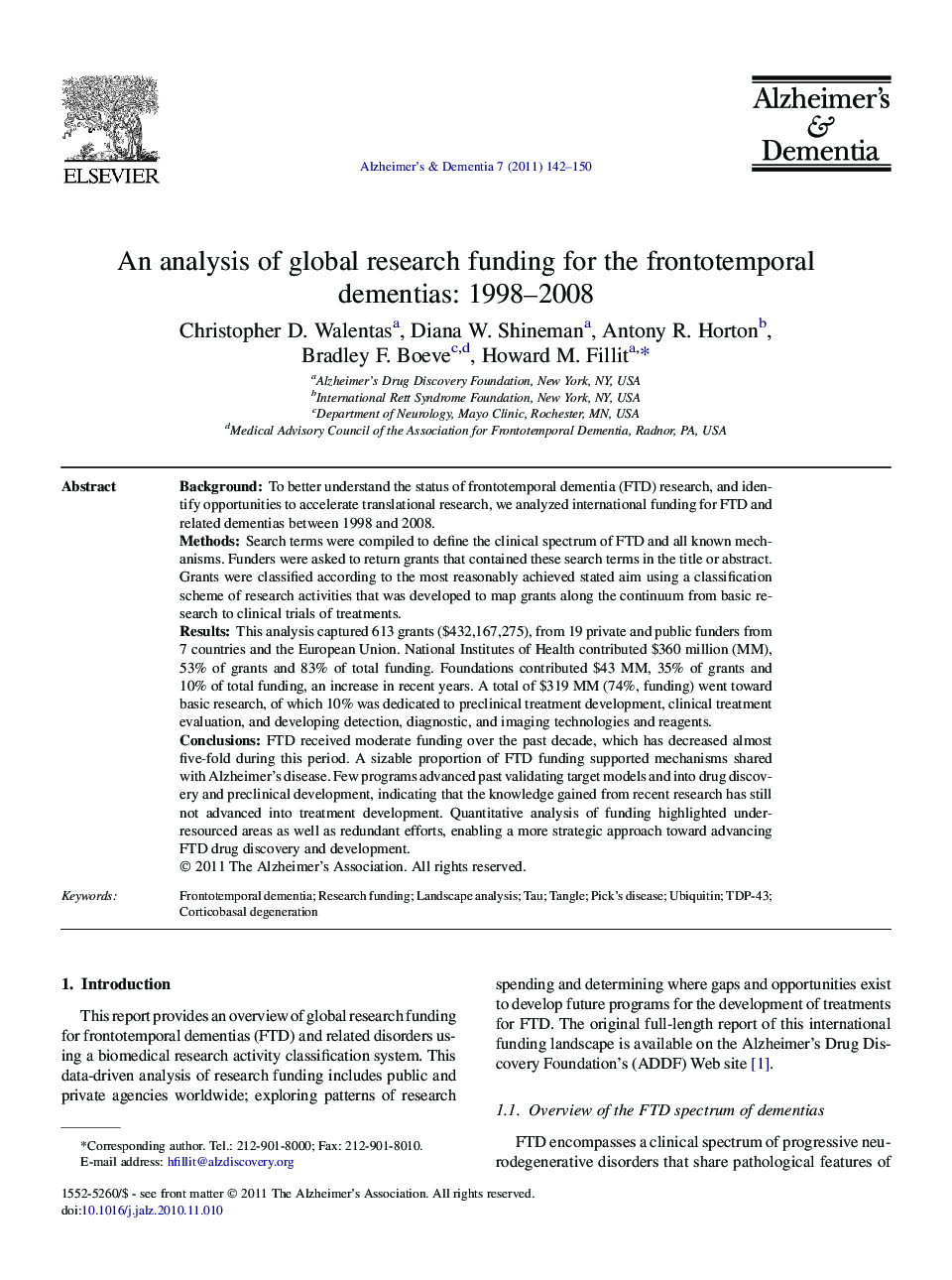 Featured ArticleAn analysis of global research funding for the frontotemporal dementias: 1998-2008