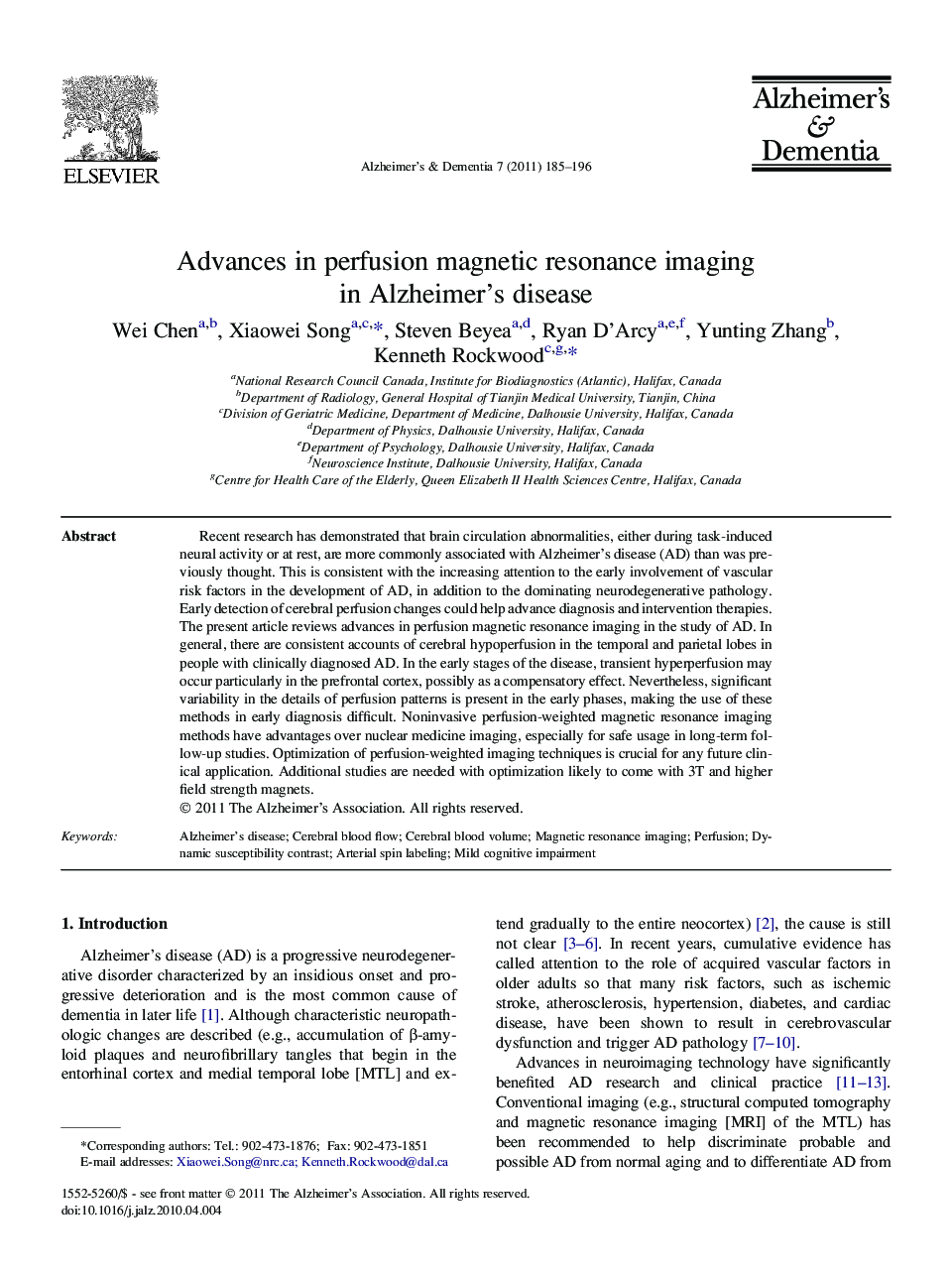 Review ArticleAdvances in perfusion magnetic resonance imaging in Alzheimer's disease