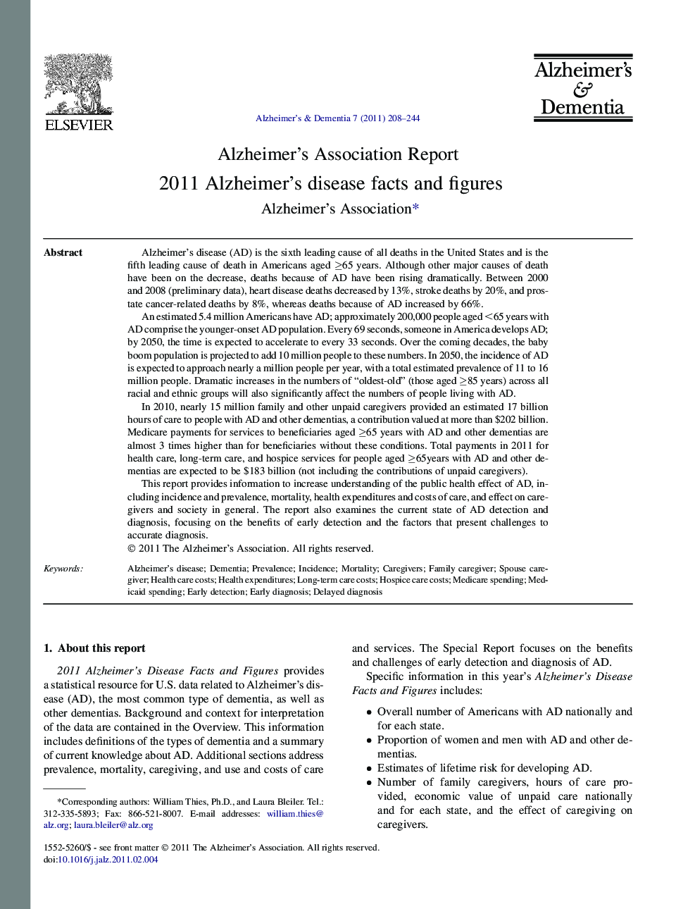 Alzheimer's Association Report2011 Alzheimer's disease facts and figures