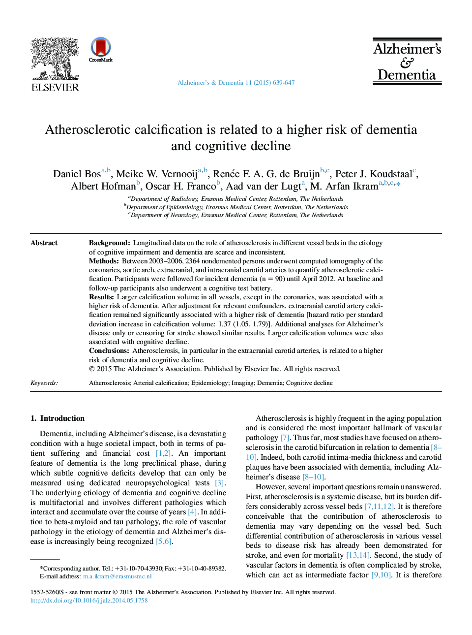 Featured ArticleAtherosclerotic calcification is related to a higher risk of dementia and cognitive decline