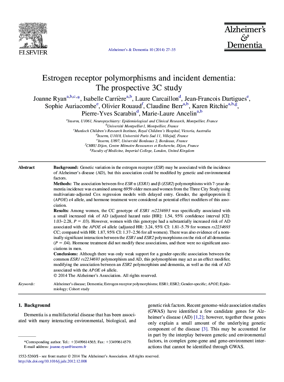 Featured ArticleEstrogen receptor polymorphisms and incident dementia: The prospective 3C study