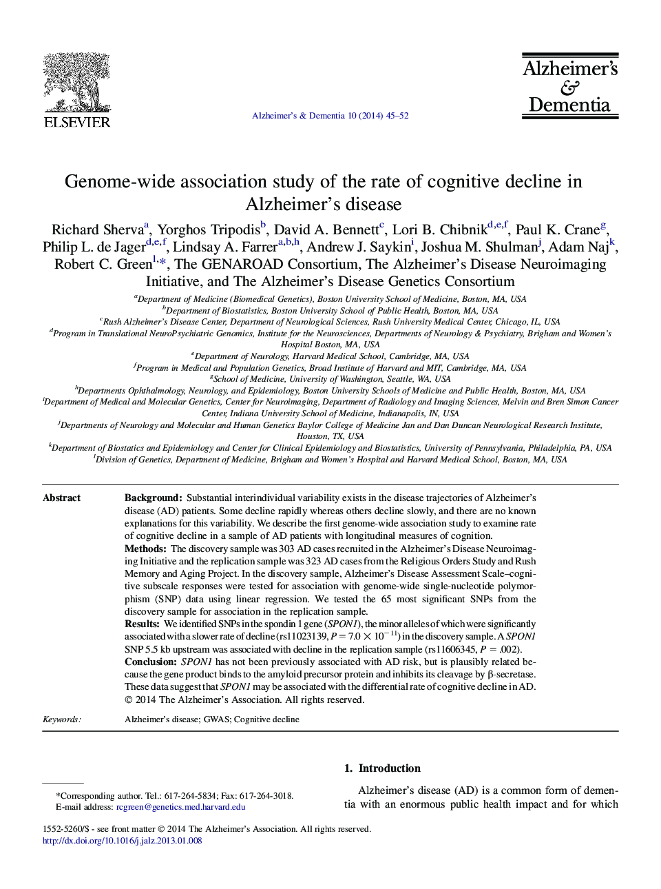 Featured ArticleGenome-wide association study of the rate of cognitive decline in Alzheimer's disease