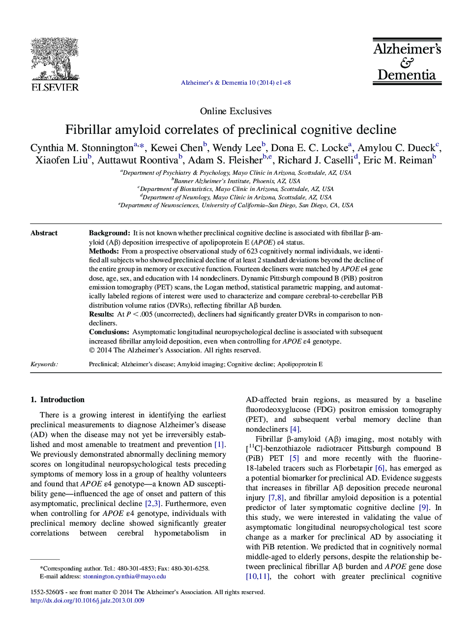 Online ExclusiveFibrillar amyloid correlates of preclinical cognitive decline