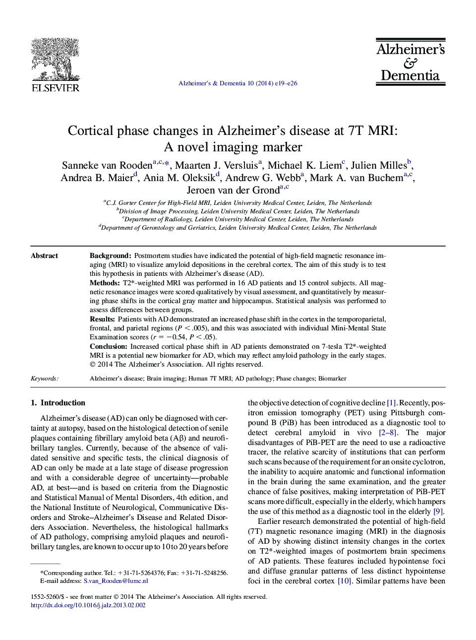 Online ExclusiveCortical phase changes in Alzheimer's disease at 7T MRI: A novel imaging marker