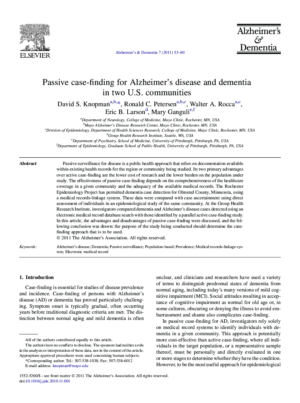 Featured ArticlePassive case-finding for Alzheimer's disease and dementia in two U.S. communities