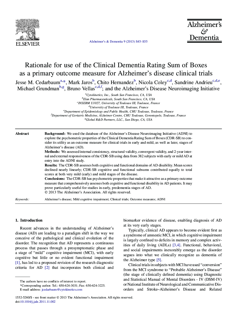 Featured ArticleRationale for use of the Clinical Dementia Rating Sum of Boxes as a primary outcome measure for Alzheimer's disease clinical trials