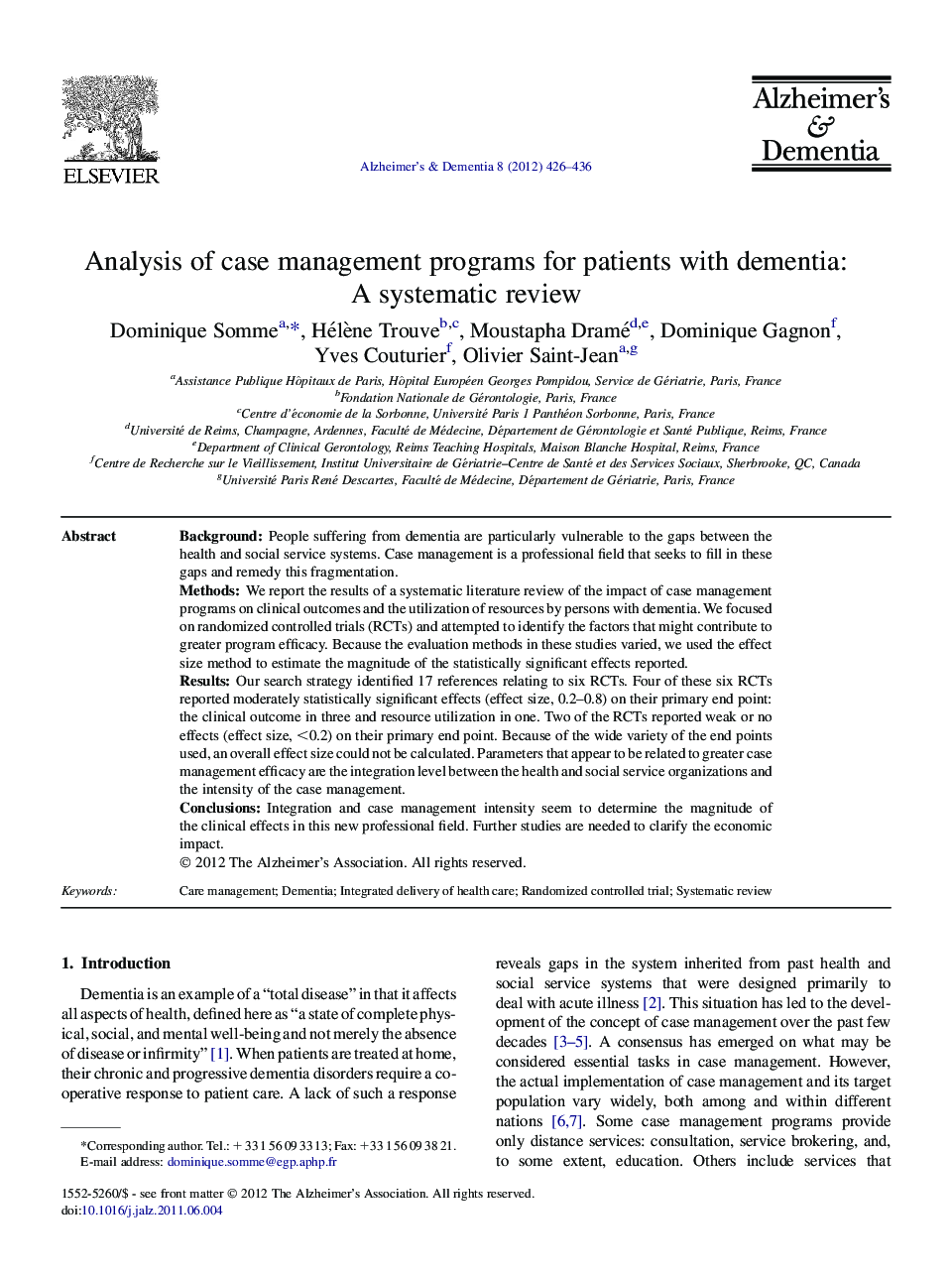 Analysis of case management programs for patients with dementia: A systematic review