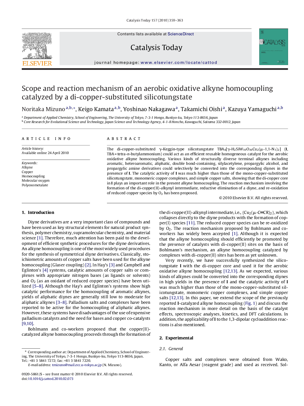 Scope and reaction mechanism of an aerobic oxidative alkyne homocoupling catalyzed by a di-copper-substituted silicotungstate