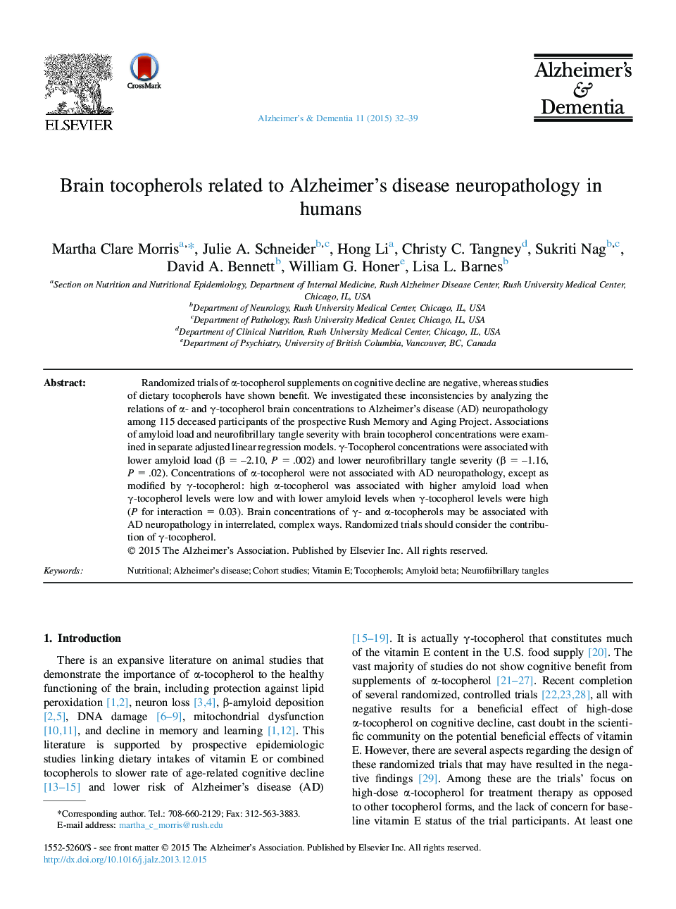 Featured ArticleBrain tocopherols related to Alzheimer's disease neuropathology in humans