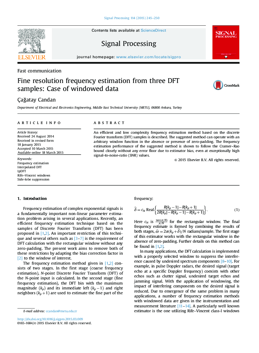 Fine resolution frequency estimation from three DFT samples: Case of windowed data