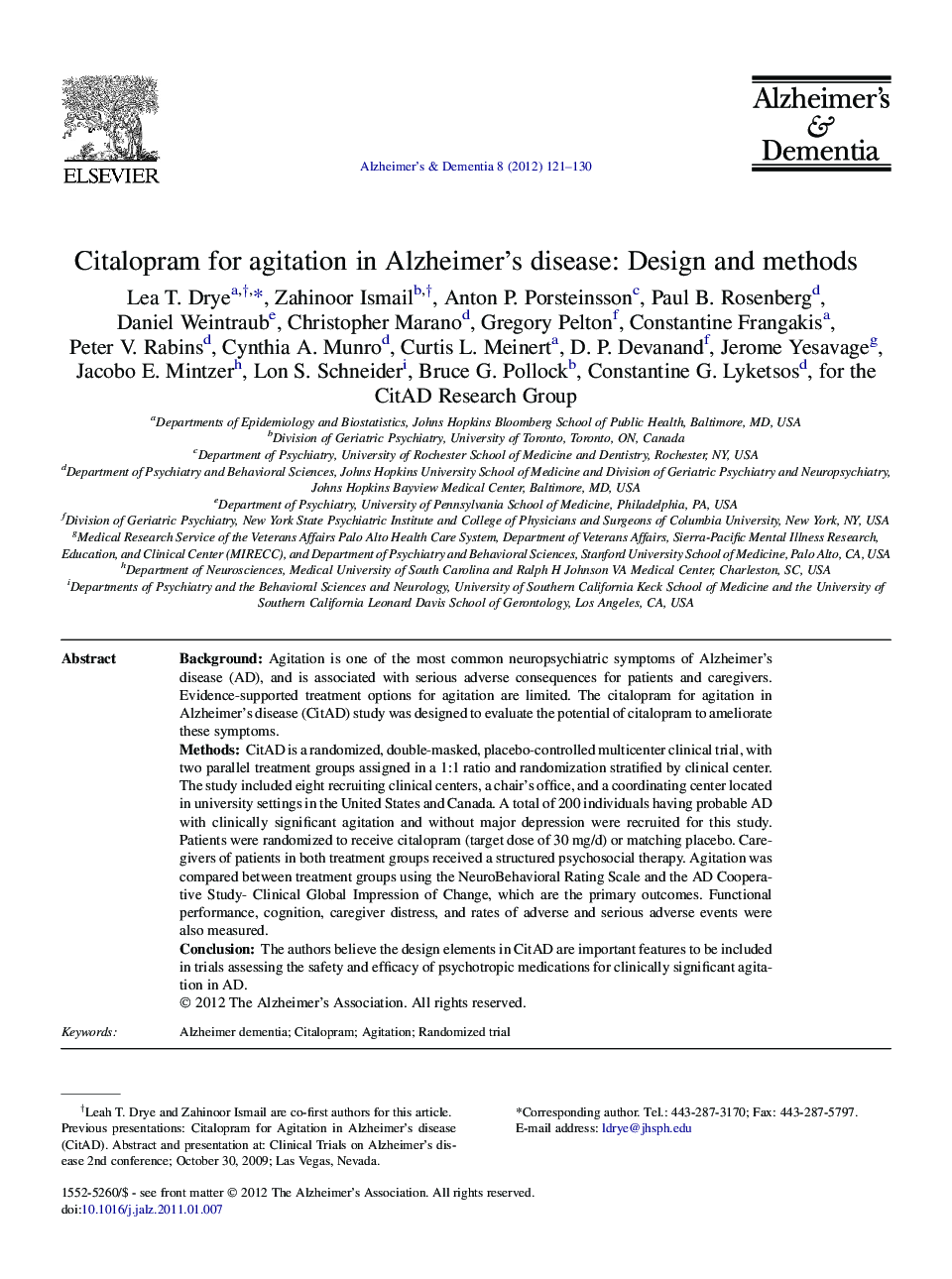 Featured ArticleCitalopram for agitation in Alzheimer's disease: Design and methods