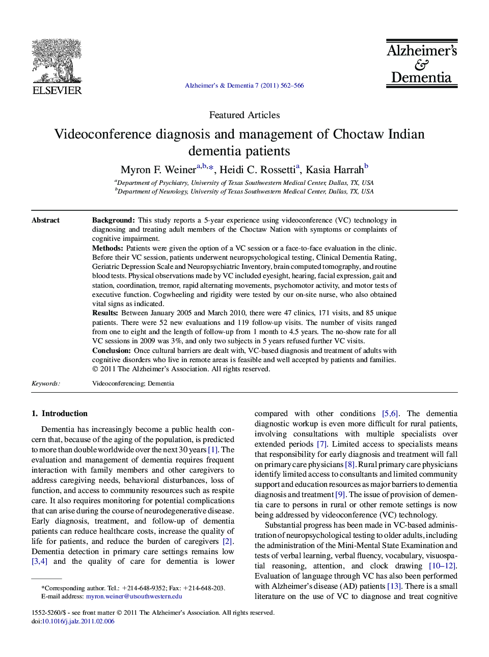 Videoconference diagnosis and management of Choctaw Indian dementia patients