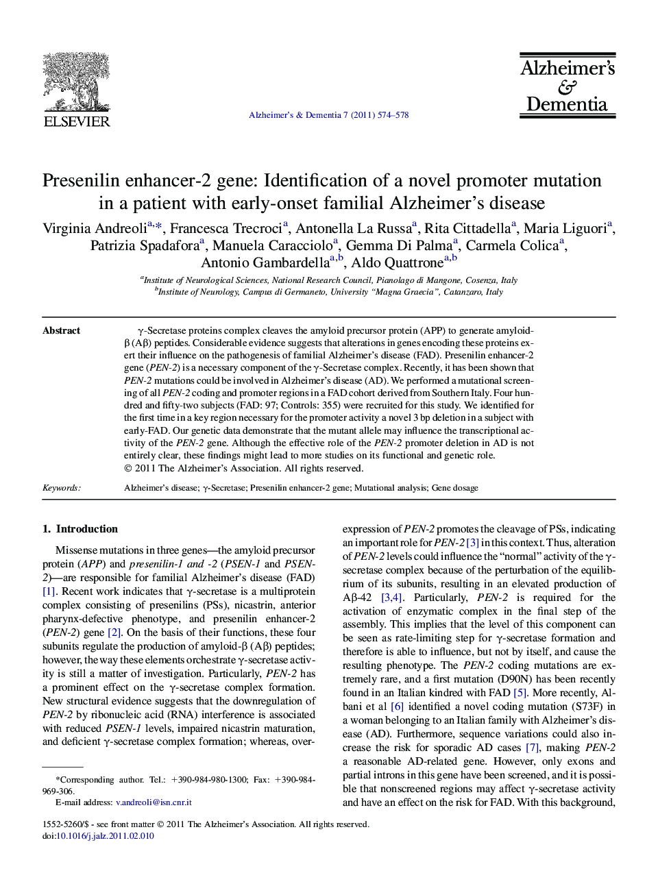 Featured ArticlePresenilin enhancer-2 gene: Identification of a novel promoter mutation in a patient with early-onset familial Alzheimer's disease