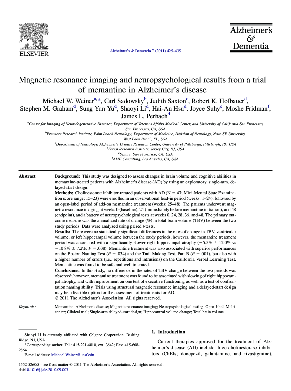 Magnetic resonance imaging and neuropsychological results from a trial of memantine in Alzheimer's disease