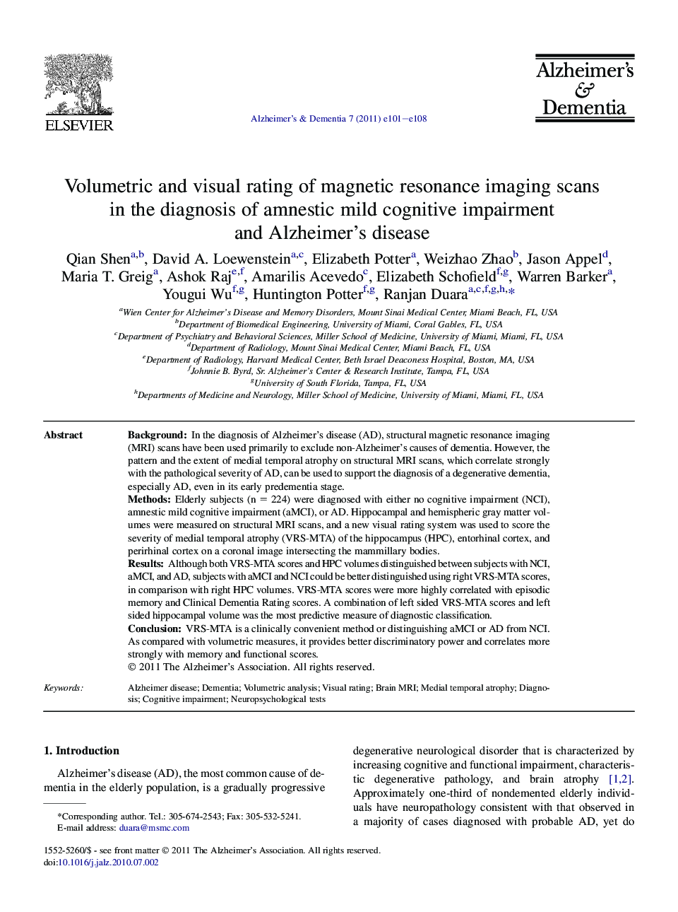 Online ExclusiveVolumetric and visual rating of magnetic resonance imaging scans in the diagnosis of amnestic mild cognitive impairment and Alzheimer's disease