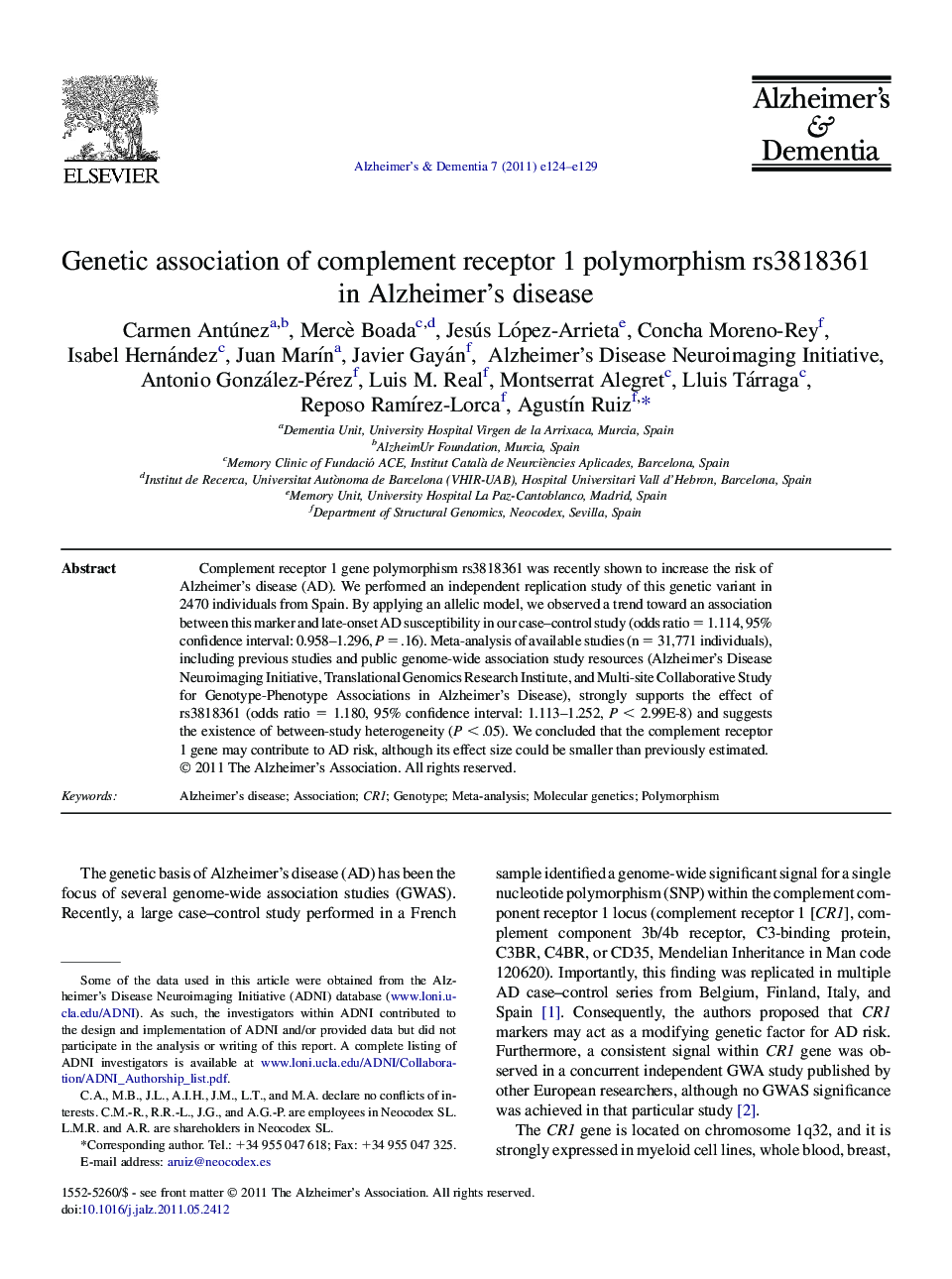 Genetic association of complement receptor 1 polymorphism rs3818361 in Alzheimer's disease