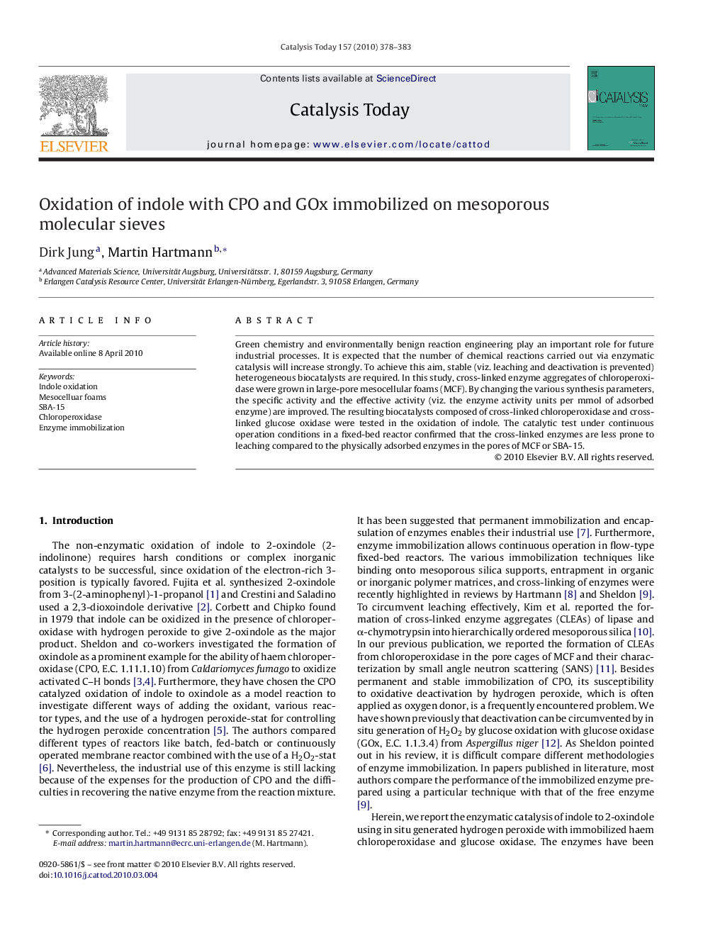 Oxidation of indole with CPO and GOx immobilized on mesoporous molecular sieves