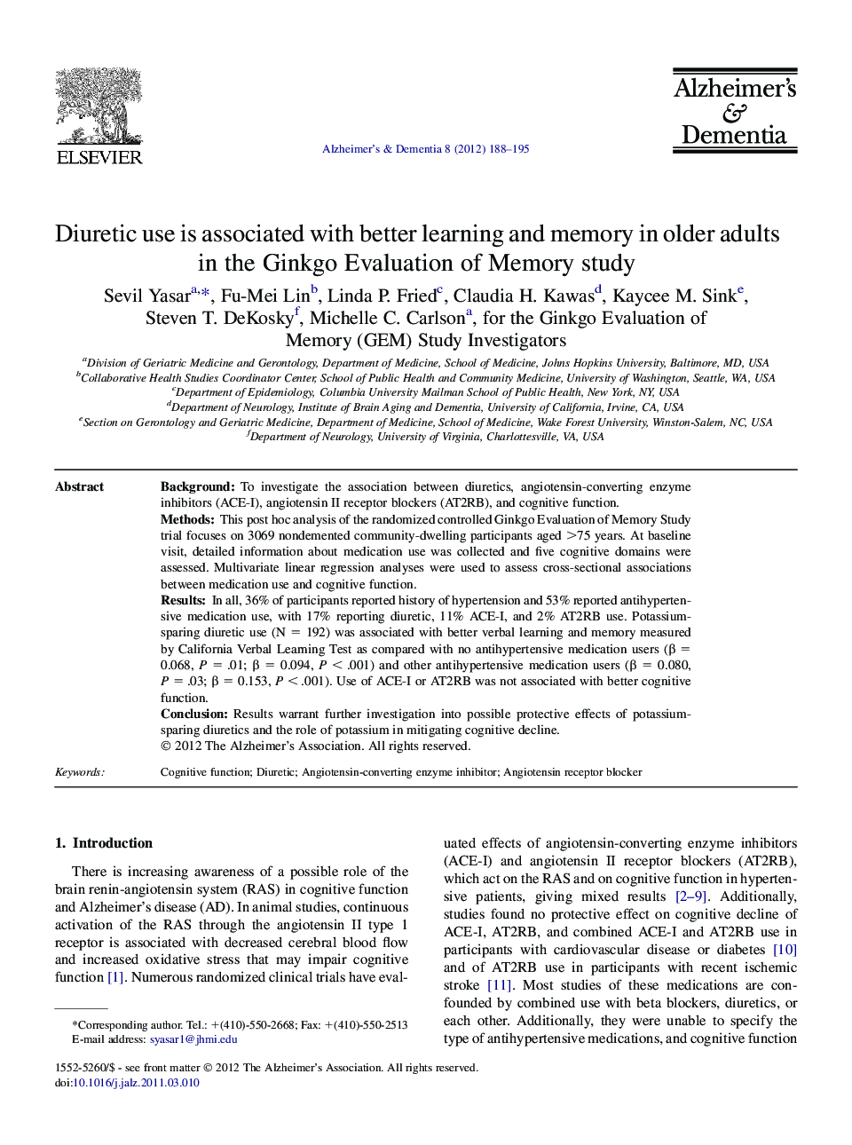 Featured ArticleDiuretic use is associated with better learning and memory in older adults in the Ginkgo Evaluation of Memory study