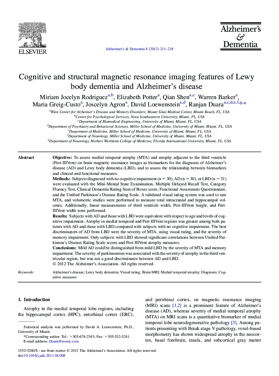 Featured ArticleCognitive and structural magnetic resonance imaging features of Lewy body dementia and Alzheimer's disease