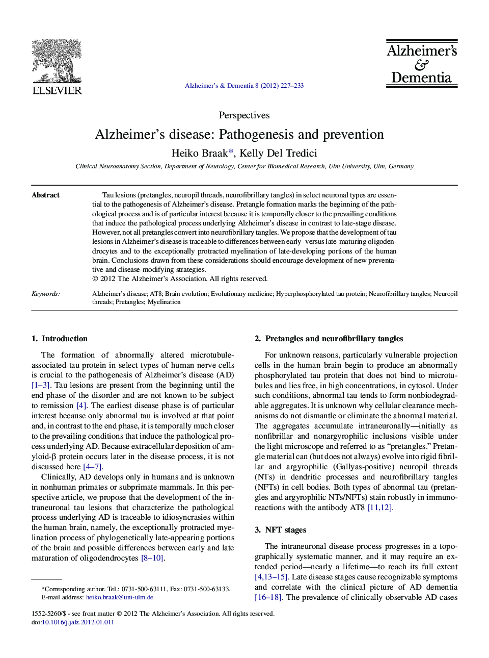 PerspectiveAlzheimer's disease: Pathogenesis and prevention