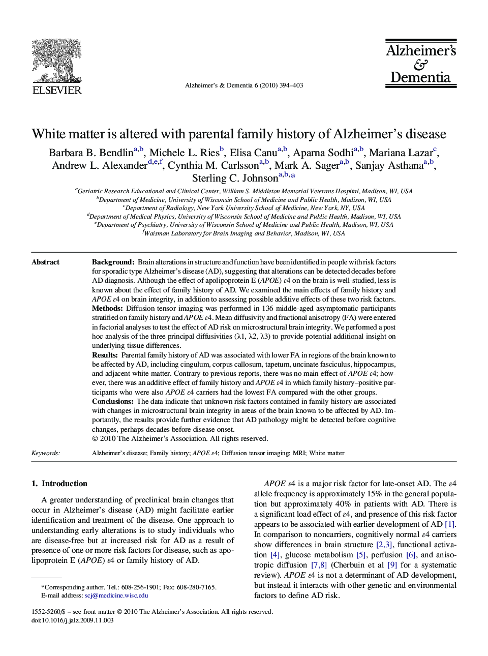 Featured ArticleWhite matter is altered with parental family history of Alzheimer's disease
