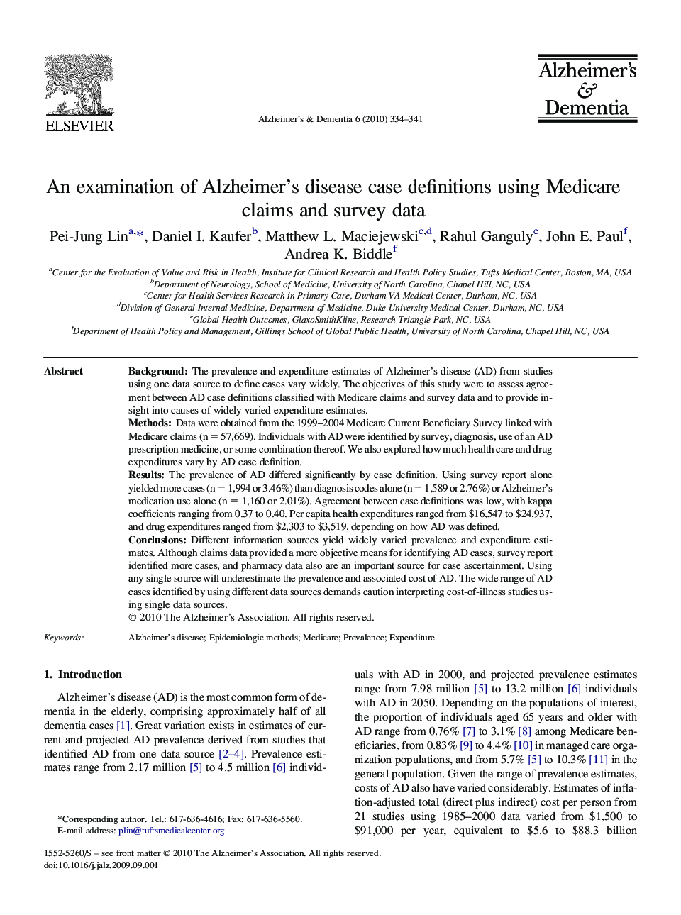 An examination of Alzheimer's disease case definitions using Medicare claims and survey data