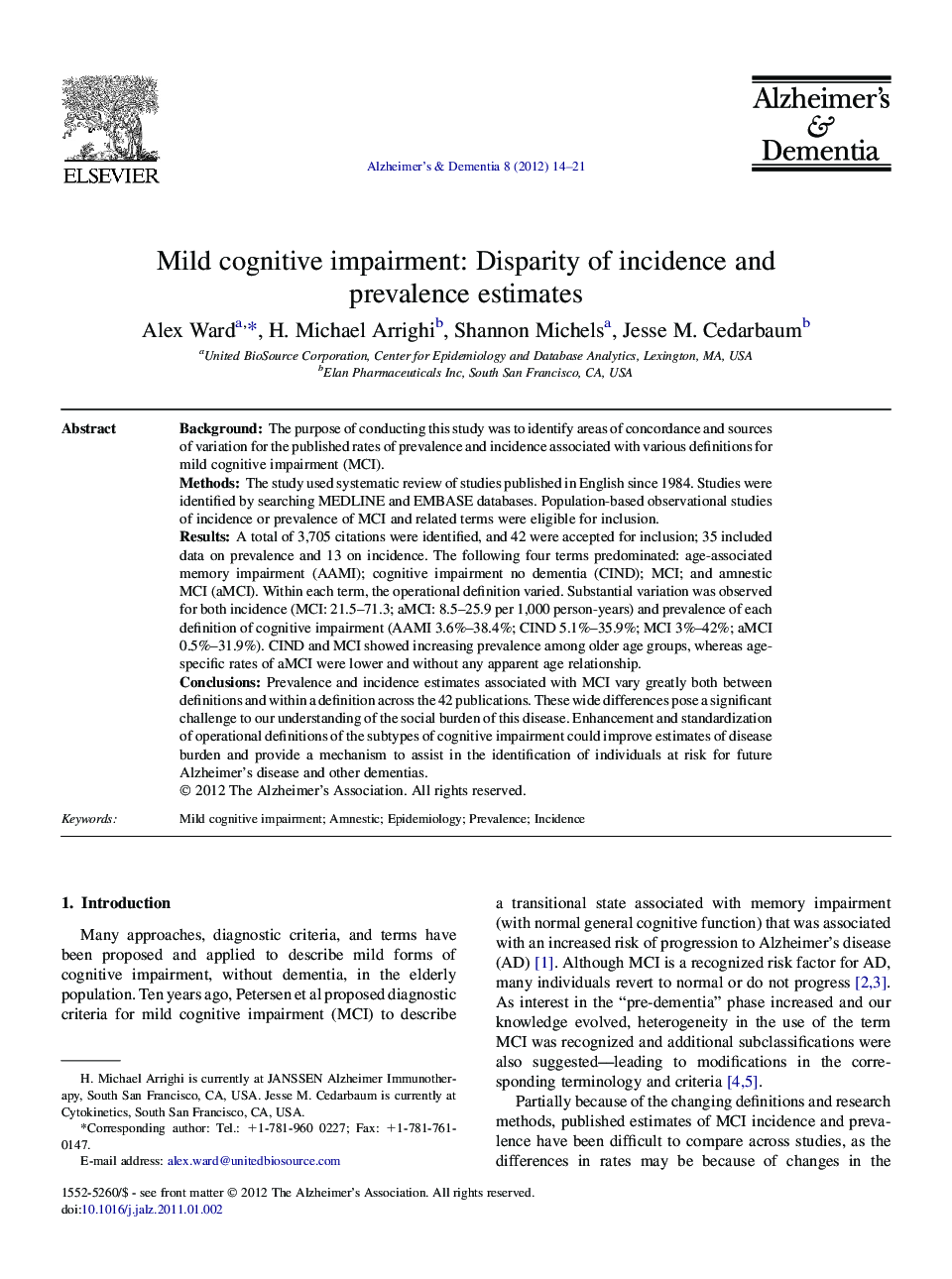 Featured ArticleMild cognitive impairment: Disparity of incidence and prevalence estimates