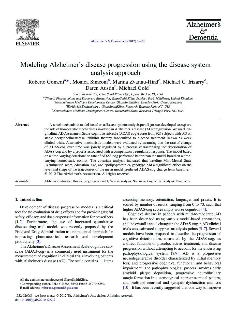 Featured ArticleModeling Alzheimer's disease progression using the disease system analysis approach