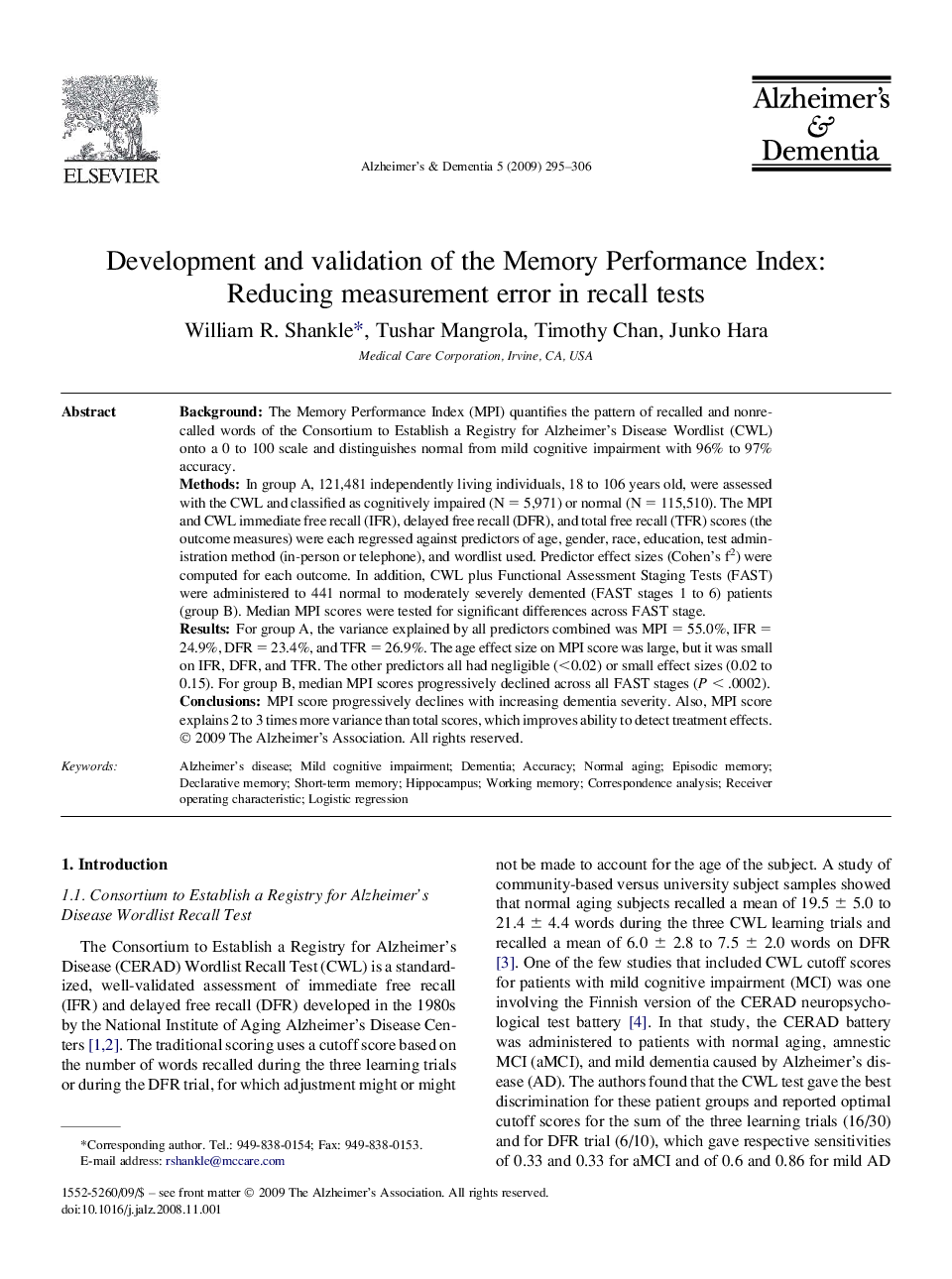 Featured ArticleDevelopment and validation of the Memory Performance Index: Reducing measurement error in recall tests