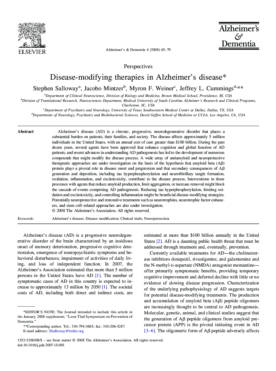 PerspectiveDisease-modifying therapies in Alzheimer's diseaseâ