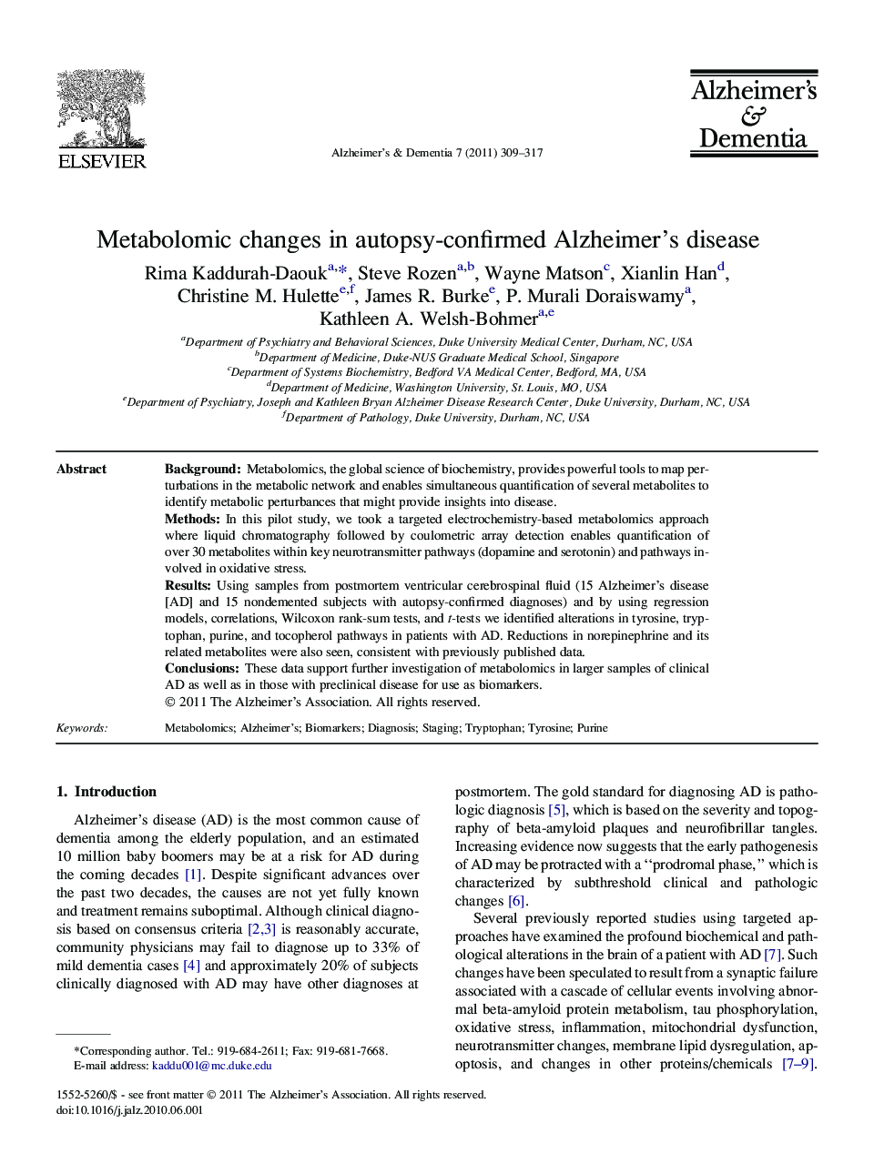 Metabolomic changes in autopsy-confirmed Alzheimer's disease