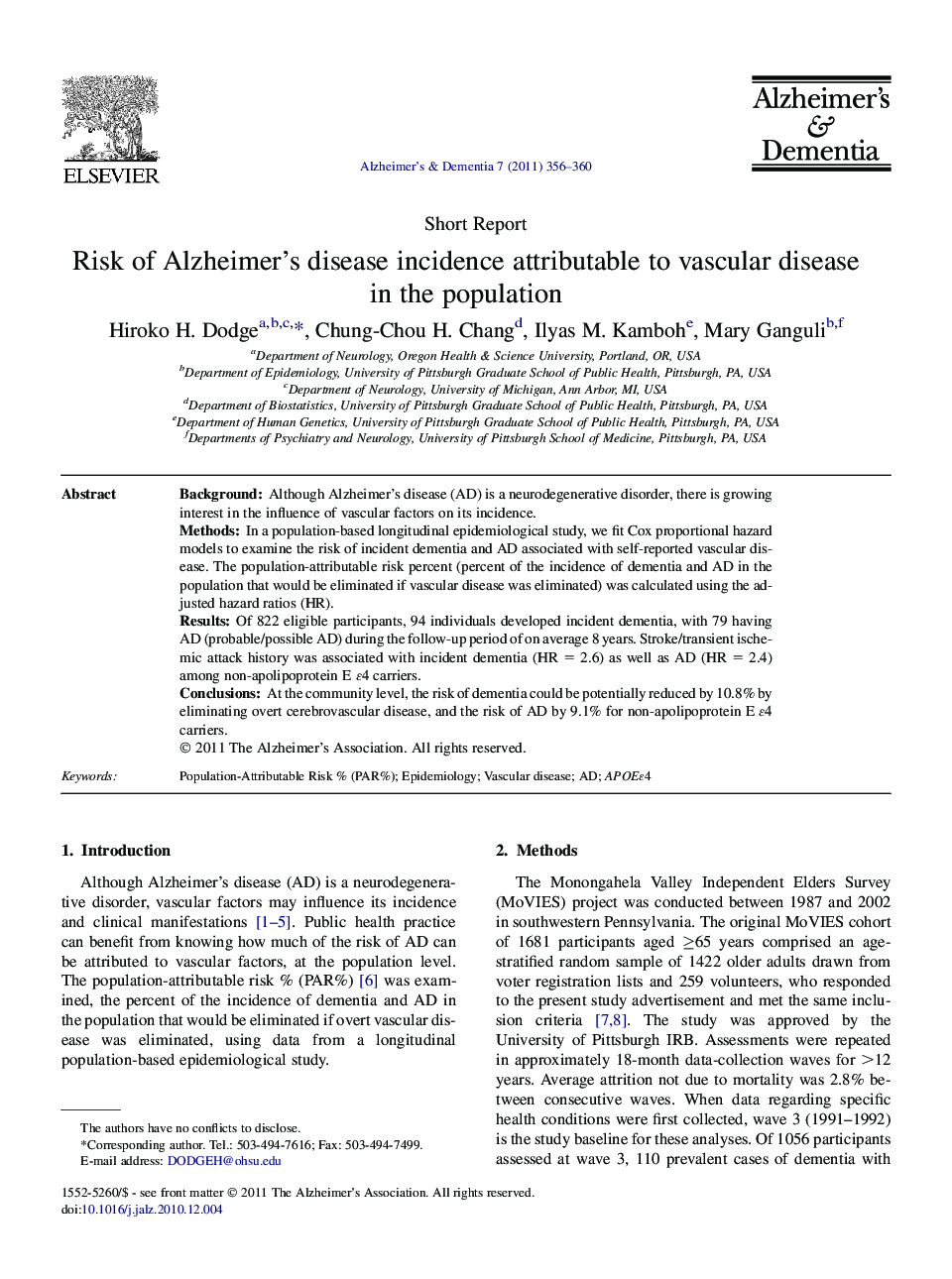 Short ReportRisk of Alzheimer's disease incidence attributable to vascular disease in the population