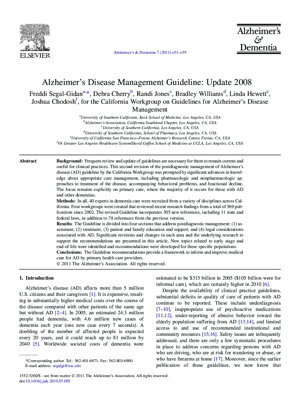 Online ExclusiveAlzheimer's Disease Management Guideline: Update 2008