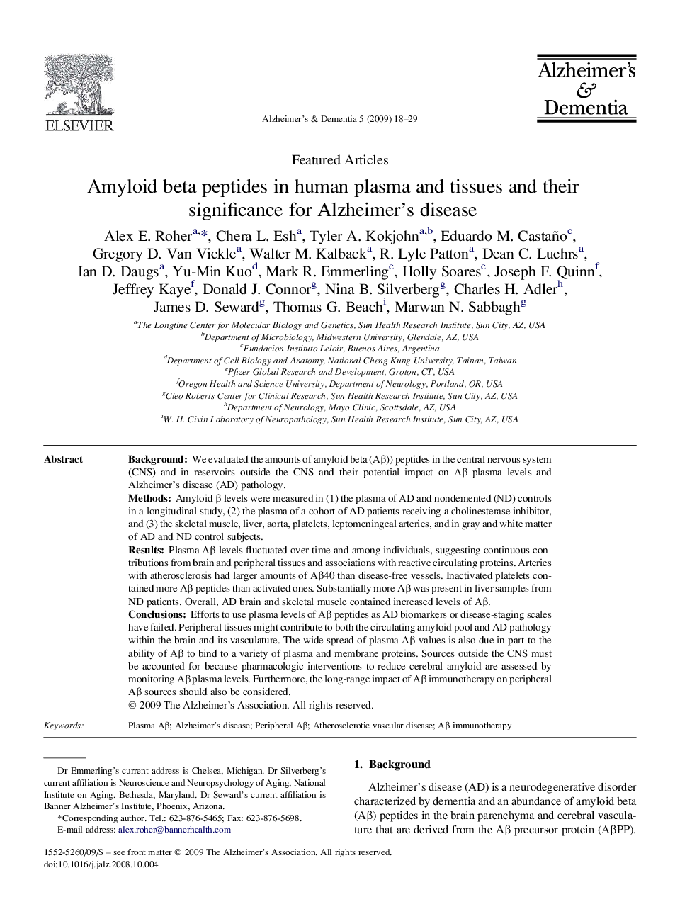 Featured ArticleAmyloid beta peptides in human plasma and tissues and their significance for Alzheimer's disease