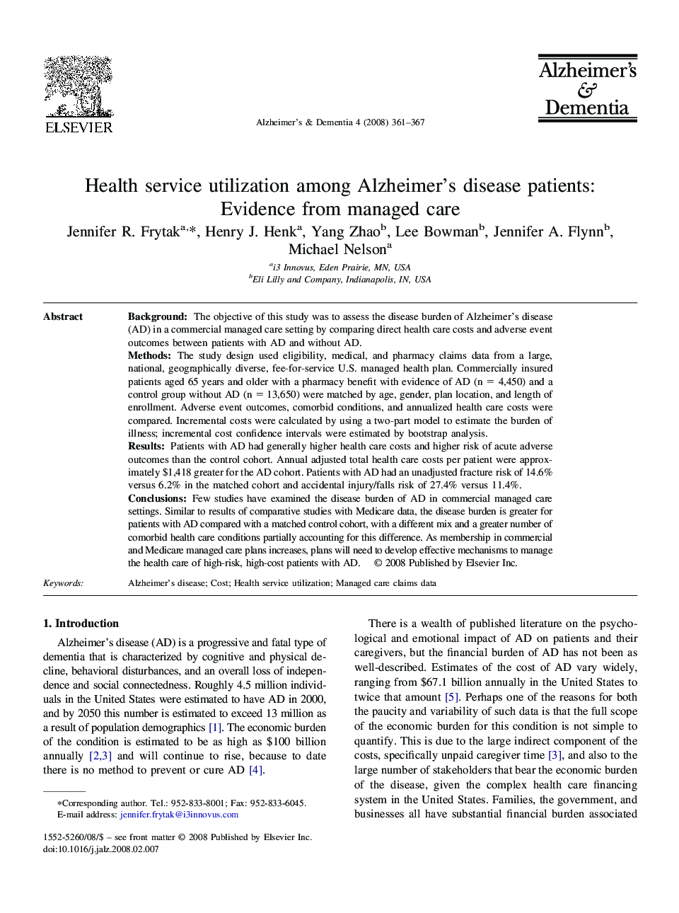 Health service utilization among Alzheimer's disease patients: Evidence from managed care