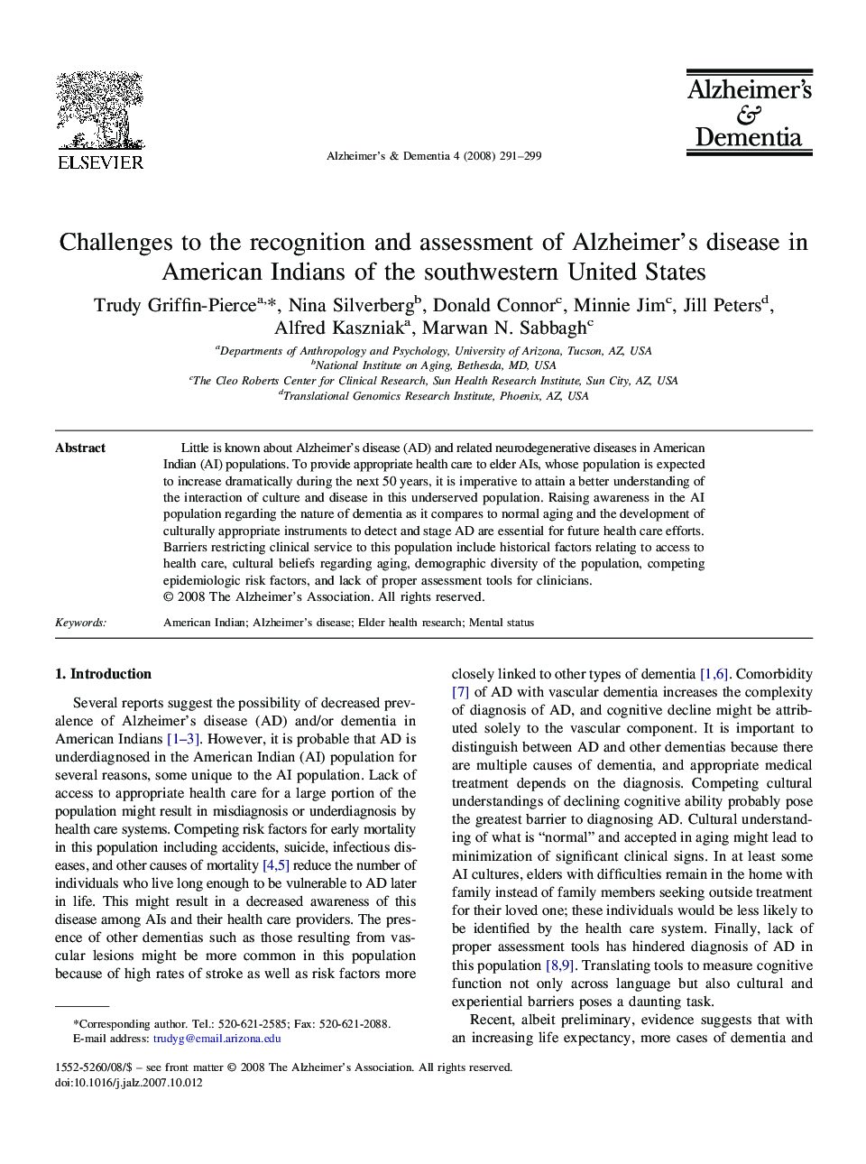 Challenges to the recognition and assessment of Alzheimer's disease in American Indians of the southwestern United States