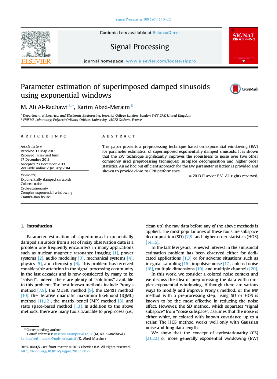 Parameter estimation of superimposed damped sinusoids using exponential windows