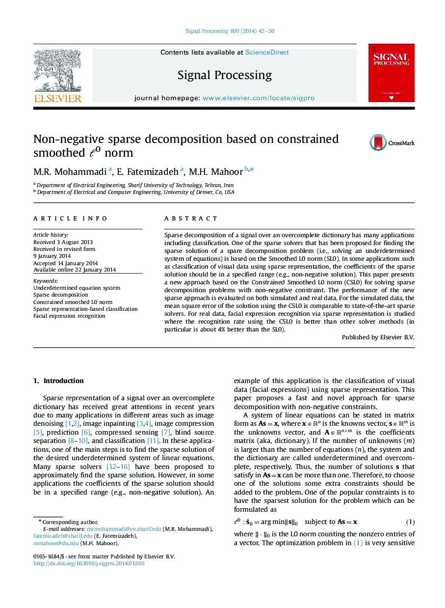 Non-negative sparse decomposition based on constrained smoothed ℓ0 norm